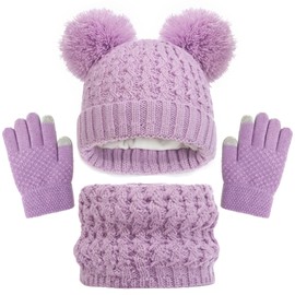 Baynetin Kids Winter Beanie Hat Scarf Gloves Set 3pcs, Thermal Knitted Pom Bobble Hat Scarf Gloves Set with Fleece Lining,Two Fingers Touch Screen Gloves Set for Boys and Girls 2-8 (Purple)