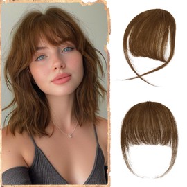 SOFEIYAN Clip in Bangs 100% Real Human Hair Extensions Clip On Wispy Bangs Air Bangs Fringe With Temples Hairpieces Brown Natural Hair Clip in Hair Extension Curved French Bangs for Women Daily Wear