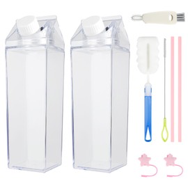 JINGIHE 2PCS Clear Plastic Square Milk Carton Water Bottle, 17Oz/ 500 ML Shot Juice Bottles with Lids, Small Portable Empty Jug for Outdoor Indoor Sports Travel Camping Activities