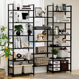 NUMENN Triple Wide 6 Tier Bookshelf, Rustic Industrial Style Bookcases and Bookshelves with 17 Open Display Shelves, Modern Tall Bookcase Furniture for Bedroom, Living Room and Home Office, Black