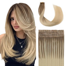 SURNEL Injected Tape in Hair Extensions 14Inch Light Brown Fading to Platinum Blonde Natural Real Hair Extension Upgraded Seamless Remy Invisible Skin Weft Straight 20 Pcs 30g(#860-14)