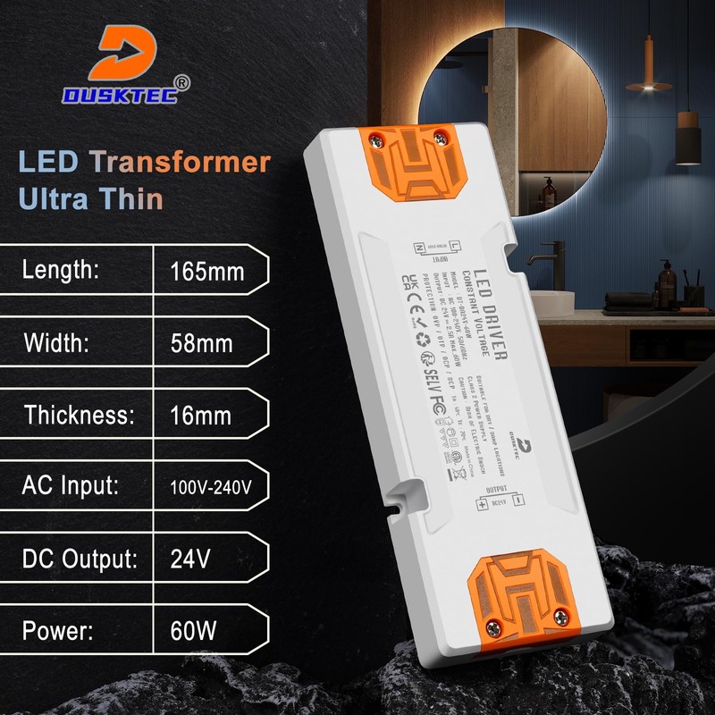 DUSKTEC LED Driver 24V 60W, IP44 Slim Switching Power Supply,