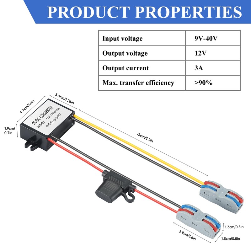 9-40V to 12V 3A Power Converter - Waterproof 36W Voltage