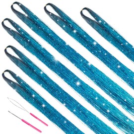 MISSUHUI Hair Tinsel Kit with Tools 47Inch 1200 Strands Glitter Tinsel Hair Extensions Sparkling Shiny Hair Tinsel Strands Fairy Hair Tinsel Strands Kit Heat Resistant for Women Girls 6Pcs (Sky Blue)