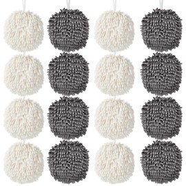 16-Pack Chenille Fuzzy Ball Hand Towels, 7.1 Inch Super Soft Absorbent Microfiber Towels, Fast Drying Towel with Loop Hanging Kitchen Towels for Kitchen Decor (8 White & 8 Grey)