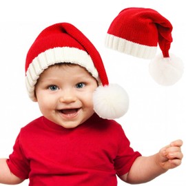 Baby Santa Hat 6-36 Months, Knitted Christmas Unisex Newborn Kids Winter Beanie, Cute Ball Design Party Accessories