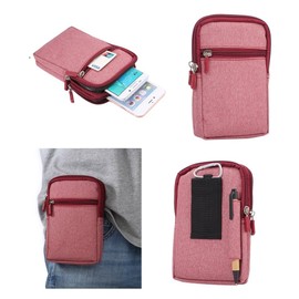 DFV mobile - Universal Multi-Functional Vertical Stripes Pouch Bag Case Zipper Closing Carabiner for Highscreen Boost - Red (17 x 10.5 cm)