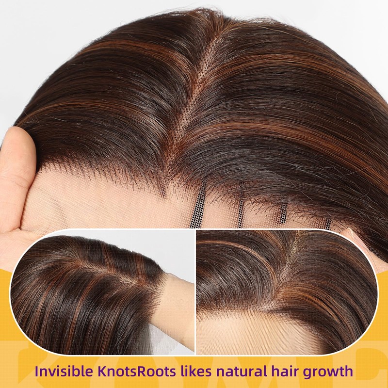 KOME Brown Highlight Synthetic Lace Front Wig,13×6 Short Straight Glueless