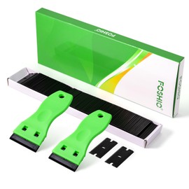 FOSHIO 2PCS Plastic Razor Blade Scraper Tool and 100PCS Plastic Blades for Gasket Remover, Sticker Remover, Labels Decal and Adhesive Remover for Windows and Glass (Lime Green)