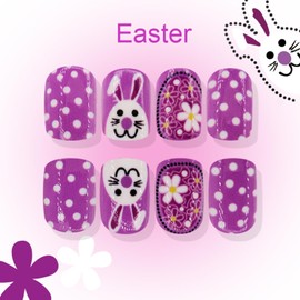 MIXFOSAHN Easter Press on Nails Short Square Fake Nails Purple False Nails with Dots Flower Designs Rabbit Glossy Stick on Nails Glue on Nails Easter Nails Acrylic Nails for Women Girls 24 Pcs