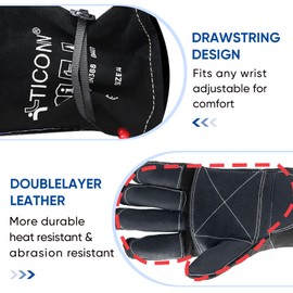 TICONN 16 Inch Welding Gloves, 1000°F Fire Heat Resistant Gloves Fireproof Leather Gloves for Welder, Stick, Forge, Mig, Tig, BBQ, Baking, Oven (Black/Grey, L)