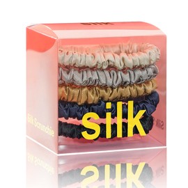 Silmer Silk Scrunchies Silk Hair Ties 100% Mulberry 5 Pack(Black Champagne Gold Rice Grey Dark Grey Navy Blue)