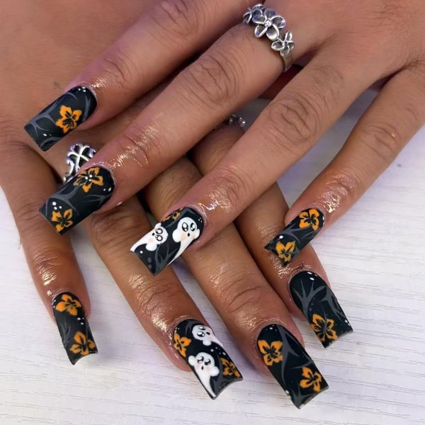 Long Square Press on Nails Halloween Fake Nails Black Matte