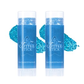 2 Pcs Body Glitter Stick, Face Glitters Gel Chunky Sequins, Glitter Makeup for Body, Eyes, Lips, Hair, Nails, Long-Wear Waterproof, Mermaid Shimmer Festival Rave Party Accessories for Women-05 Blue