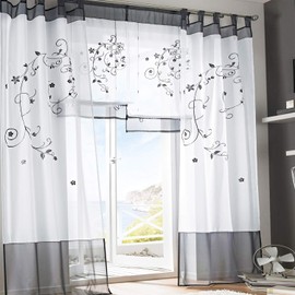 SIMPVALE Vorhänge mit Blumen Muster, Schlaufenschal 2er Set, Stickerei Voile Vorhang Transparent, Stores Gardine für Wohnzimmer, Balkon Schlafzimmer, Weiß mit Grau, Breite 140 Höhe 175 pro Stück