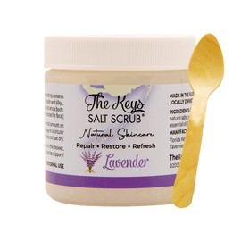 The Keys Salt Scrub - Lavender Sea Salt Scrub - Exfoliating Body Scrub with Wooden Spoon - Moisturizing Exfoliator for Face, Hands, Foot, Bath, Manicure & Pedicure, and Bikini Area Skin Care (3.4 oz.)