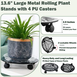 1 Packs Large Metal Plant Caddy with PU Wheels 13.6" Heavy-Duty Wrought Iron Rolling Plant Stands Indoor Outdoor Wheeled Plant Dolly Planter Mover Rollers Plant, Leaf Style