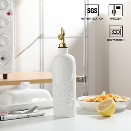 Sweejar Olive Oil Dispenser Bottle for Kitchen, 18 Oz Ceramic EVOO and Vinegar Dispenser with Spout, Relief Opaque Oil Container for Avocado, Leak Proof, Easy to Pour, Pack of 1 (White, Gold Pourer)