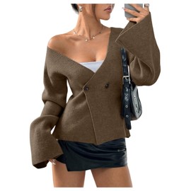 Verdusa Women's V Neck Button Wrap Cozy Cardigan Sweater Flare Sleeve Old Money Clothes Coffee Brown Large