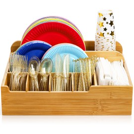 Frcctre Bamboo Utensil Caddy Organizer for Countertop, 8 Compartment Paper Plate Holder, Adjustable Utensil Holder Silverware Organizer Cutlery Organizer Box for Plate, Cup, Fork, Spoon, Napkin