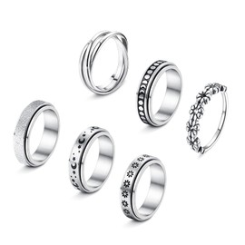 FUNRUN JEWELRY 6Pcs Stainless Steel Fidget Anxiety Ring for Women Men Fidget Spinner Rings Moon Star Celtic Stress Relieving Spinning Ring Wedding Band Rings Set Size 11