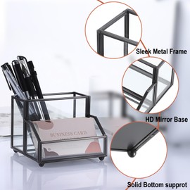 Hipiwe Glass Business Card Holder Stand Metal Pen Pencil Storage Holder for Desk Clear Business Name Card Display Organizer Case for Office Home Desktop,Black
