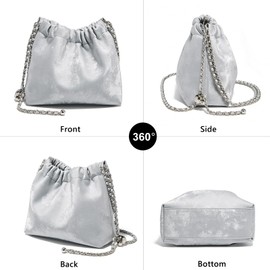 FOXLOVER Velvet Fabric Crossbody Bags for Women Medium Size Chain Strap Chamois Leather Shoulder Purses Trendy Drawstring Magnetic Closure(Gray-Silver)