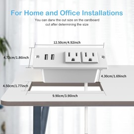 Small Recessed Power Strip Plug Extension Cord with USB Electrical Outlet Extender Flush Mount Surge Protector Power Adapter Charging Station for Desk Furniture Tabletop Home Office (White)