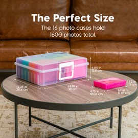 IRIS USA 4" x 6" Photo Storage Box Craft Keeper, Transparent Handle Container with 16 Organization Cases For Pictures, Crafts, Scrapbooking, Stationery Storage and Organization, Multi-Color