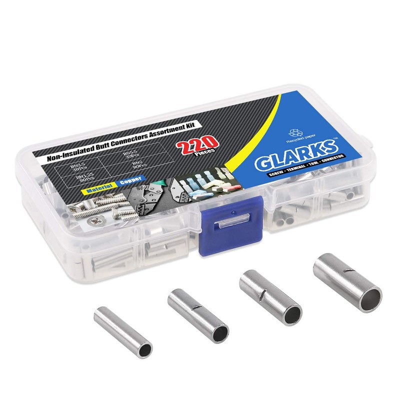 Glarks 220Pcs Non-Insulated Butt Connectors Assortment Kit, 22-16/16-14/14-12/12-10 AWG Gauge