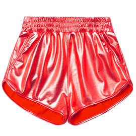 Mirawise Pantalones cortos metálicos brillantes para niñas, Rojo, 8-9 Años