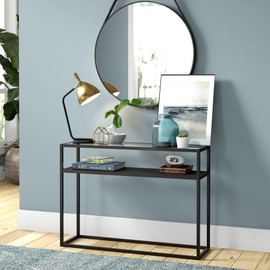 Nellie 42'' Wide Rectangular Console Table with Metal Mesh Shelf in Blackened Bronze