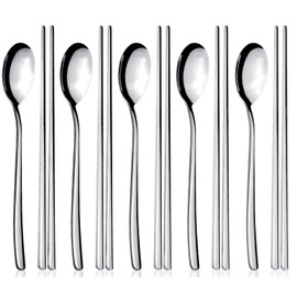 5 Pairs Chopsticks and 5 Spoons Set, YFWOOD 10 Pieces Korean Stainless Steel Chopsticks Spoons, Kitchen Reusable Metal Flat Long Handle Chopstick Spoon Set for Home, Kitchen or Restaurant