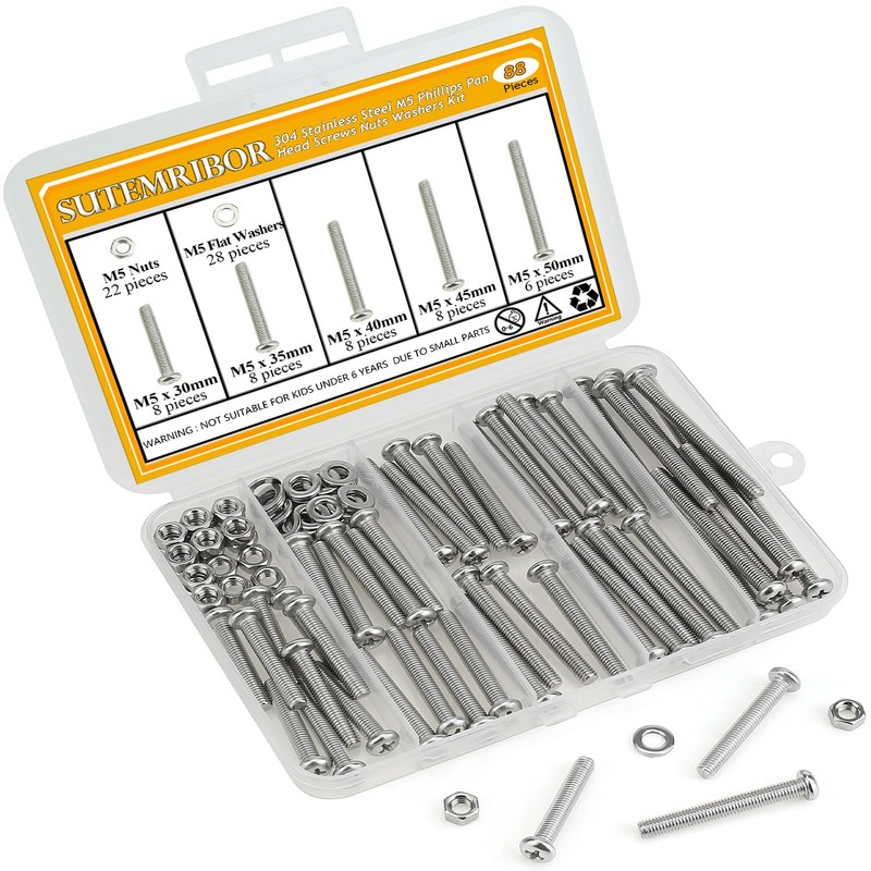 88 Pieces M5 x 30/35/40/45/50mm Machine Screws Nuts Washers Set,