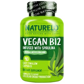 NATURELO Vegan B12 - Methyl B12 with Organic Spirulina - High Potency Vitamin B12 1000 mcg Methylcobalamin - Supports Healthy Mood, Energy, Heart & Eye Health - 90 Capsules