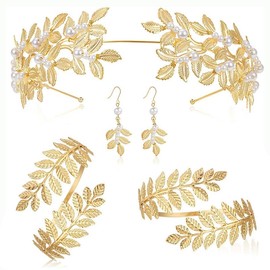 MisFun Greek Goddess Costume Jewellery Set, Wedding Bridal Jewellery Upper Bangle Earrings Laurel Wreath, Bridal Wedding Headpiece, Wedding Boho Leaf Hair Crown Accessories, Alloy Steel, Alloy