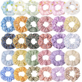 Crowye 30 Coleteros para Cabello Lindos para Mujer Niña Scrunchies Kawaii Coloridos Gomas de Cabello a Cuadros de Color Sólido Lunares Florales de Margaritas Accesorios de Lazos de Pelo Surtidos
