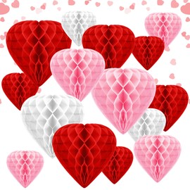Beeveer 12 Pcs Valentine's Day Hanging Decorations Heart Shaped Honeycomb Balls Paper Pom Poms Heart Shape Hanging Pendant for Photo Backdrop Decorations Bridal Shower Birthday Wedding Party Decor