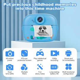 Kids Camera Instant Print, 1080P HD Kids Digital Camera for Girls with 32GB SD Card, Instant Camera for Kids with Color Pens & 3 Rolls Print Paper, Blue
