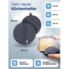 WOHNHELD® Oven Gloves & Pot Holder Set I 2 Pieces I Extremely Heat Resistant 250°C I Machine Washable I Pot Holder Glove I Pot Gloves Pot Mat I 20 x 20 cm I Grey Round