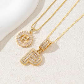 Alphabet Pendant Full Diamond Rock Candy 26 Letters Necklace for Women Copper Inlaid Zircon Plated Real Gold Round Flower Alphabet Set cadena mujer:_P_Gold
