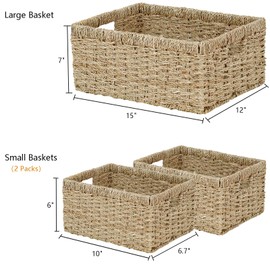 Vagusicc Wicker Basket, Set of 3 Hand-woven Storage Baskets for Organizing, Seagrass Wicker Storage Basket Bins with Handles, Small Toilet Paper Storage Baskets for Shelves Pantry Baskets (Seagrass)