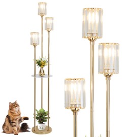 HMVPL Gold Floor Lamps for Living Room, Modern Floor Lamp with Shelves, Crystal Standing Lamps with Table, Brass Tall Lamp with Crystal Shade, On/Off Switch, Mid Century Corner Floor Lamp for Bedroom