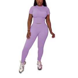 HBQ Women Two Piece Outfits Workout Sets Ribbed Casual Jogging Suits Short Sleeve Tracksuits-XXL-Purple