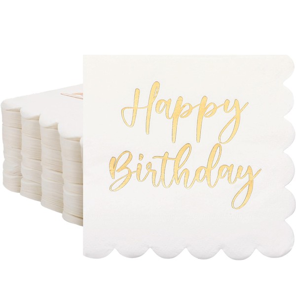 Qilery 100 Pack Cocktail Napkins Bulk, Scalloped Birthday Napkins White