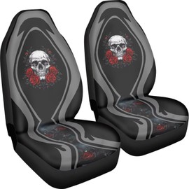 Finagallathe Skull Rose Car Seat Covers Front Pair Black Automotive Front Seat Covers for Comfortable Driving,Universal Auto Interior Fit for Most Kinds of Vehicles,SUV,Sedans