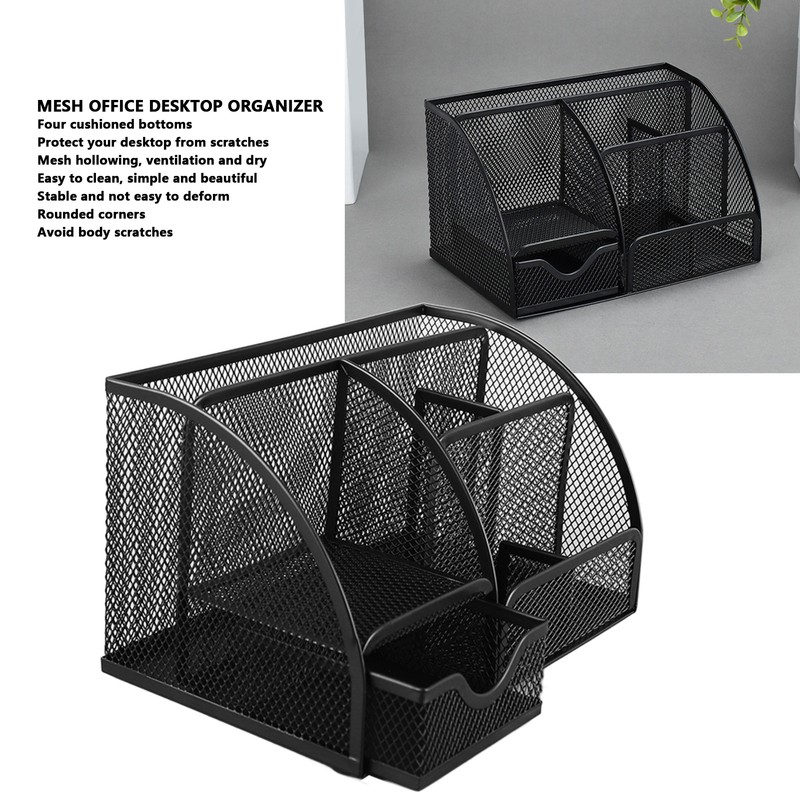 Mesh Office Desktop Organizer Multifunctional Metal 7 Compartments Pen Holder