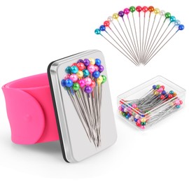 Magnetic Pincushion Wristband Rose Red 9.5" with 100 Pcs 1.5 Inch Colorful Ball Head Sewing Pins Set, Magnetic Pin Cushion Wrist Holder for Sewing, Silicone Wrist Pin Holder for Quilting and Braiding