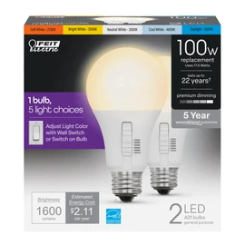 Feit Electric A21 100W LED Light Bulb, 100W Equivalent, Dimmable, Color Selectable 6-Way, 5CCT, E26 Medium Base, 90CRI, 1600 Lumens, 22-Year Life, Damp Rated LED Lightbulb, OM100DM/6WYCA/2, 2 Pack
