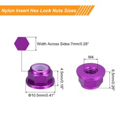 sourcing map Nylon Insert Hex Lock Nuts, 10pcs - M4 x 0.7mm Aluminum Alloy Self-Locking Nut, Anodizing Flange Lock Nut for Fasteners (Purple)
